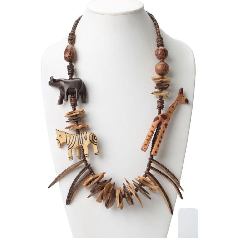 Designer Womens Brown Hand Carved Wood Safari Statement Necklace 30"